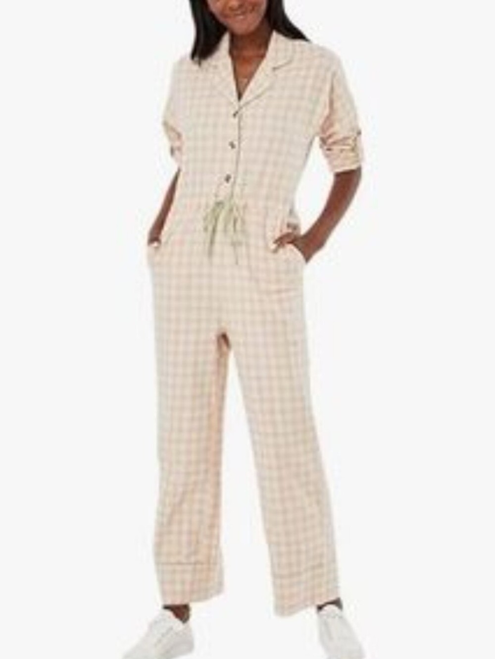 Roller Rabbit Peach Pink Green Trim Plaid Wide-Leg Jumpsuit Size XS Oversized